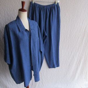 Flax Womens Outfit Set 1G Top 2G Pants Solid Blue Jeanne Engelhart